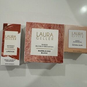 Laura Geller Makeup (blush-tropical hues, highlighter, and lipstick). New.